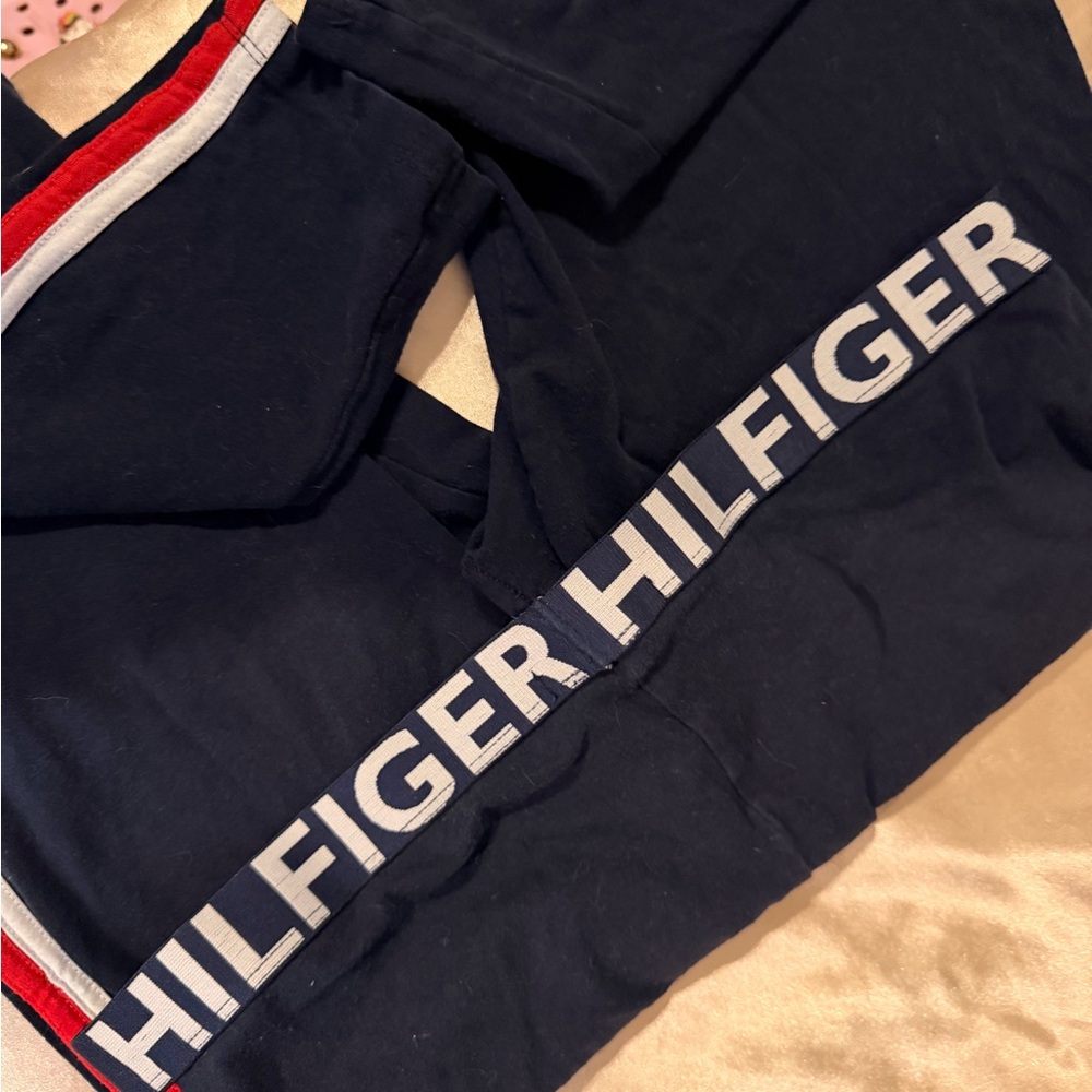 Tommy Hilfiger Navy Joggers with Navy Blue , Red and White Stripe on left leg